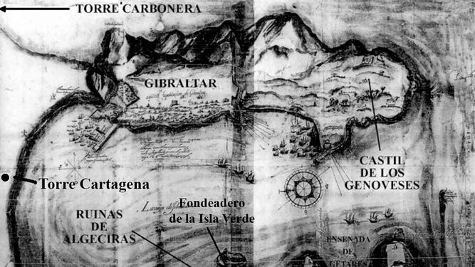 La Bahía de Algeciras, Gibraltar y algunos de los topónimos que aparecen en el texto y en la Crónica del rey Juan II que describen la batalla naval de torre Carbonera.