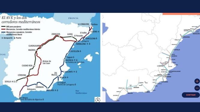 A la izquierda, mapa de los dos ramales del Corredor Mediterráneo; a la derecha, el de la plataforma Quiero Corredor.
