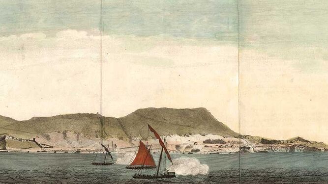 Lanchas cañoneras españolas hostigando a una embarcación inglesa durante el asedio a la plaza de Gibraltar de 1779 a 1782.