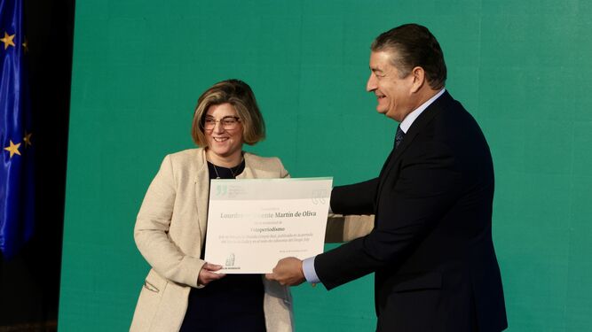 Lourdes de Vicente recibe el premio a manos del consejero de la Presidencia, Antonio Sanz.