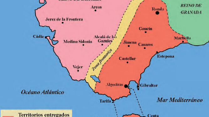 Mapa esquemático con la zona del reino nazarí que entregó el sultán de Granada, Muhammad II, a los meriníes a cambio de su ayuda militar.