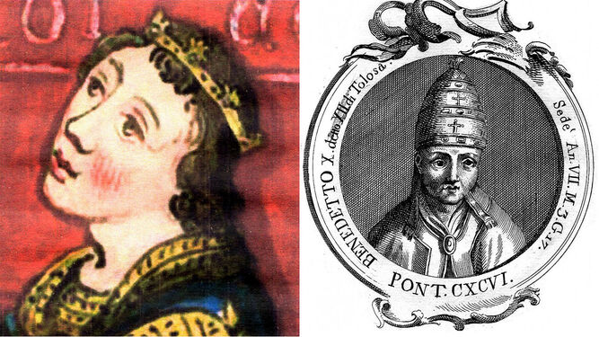 A la izquierda, Felipe III Evreux, rey de Navarra, cruzado en el cerco de Algeciras. A la derecha, el papa Benedicto XII (1280-1342) que declaró Santa Cruzada las campañas de Alfonso XI contra los musulmanes en el área del Estrecho.