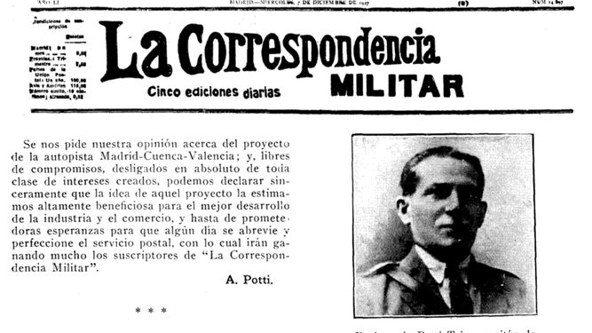 Opinión, cabecera y retrato de Antonino Potti Trigo, director de "La Correspondencia Militar" en el libro "Auto Pista Madrid-Cuenca-Valencia, S.A." (1927).