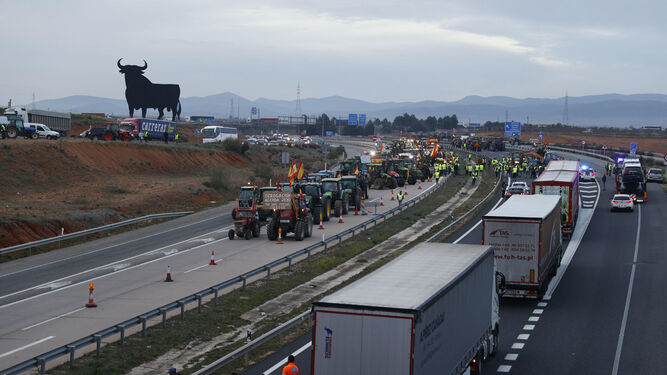 Vista de la concentración de tractores en la A4 a la altura de Madridejos (Toledo)