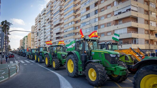 Tractores en la avenida principal de Cádiz.