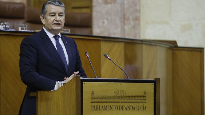 El consejero de Presidencia, Antonio Sanz, en la defensa del decreto esta tarde en el Parlamento de Andalicía.