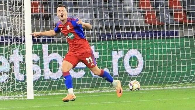 Nacho Heras celebra uno de sus goles con el Steaua de Bucarest