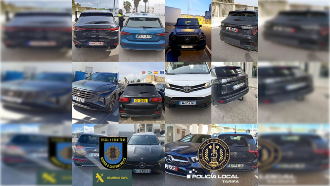 Los doce coches robados tras ser recuperados por la Guardia Civil y la Policía Local de Tarifa.